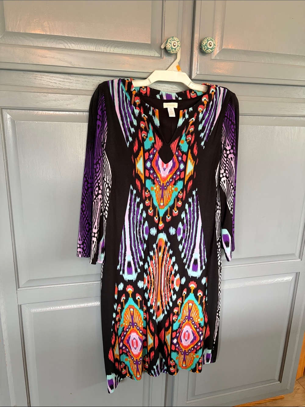 Chico's Black Tunic Dress with Vibrant Ikat Print